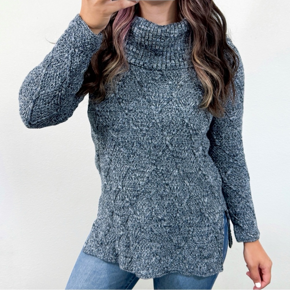 Blue and white cowl neck sweater